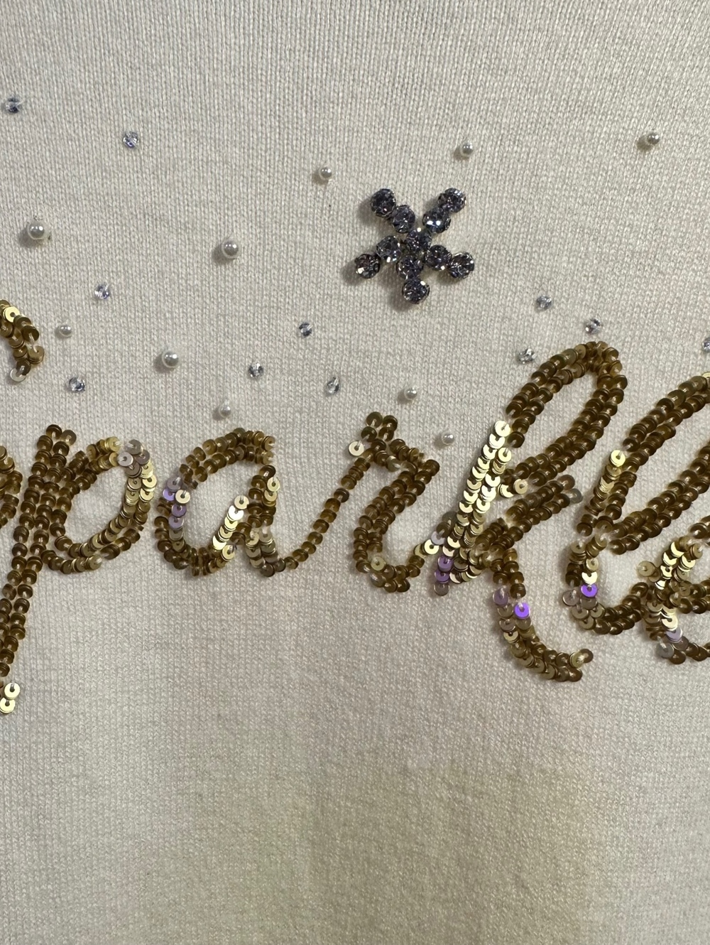 Talbots L Sweater Ivory Sparkle Sequin Snowflake Cashmere Blend Holiday - Picture 2 of 11